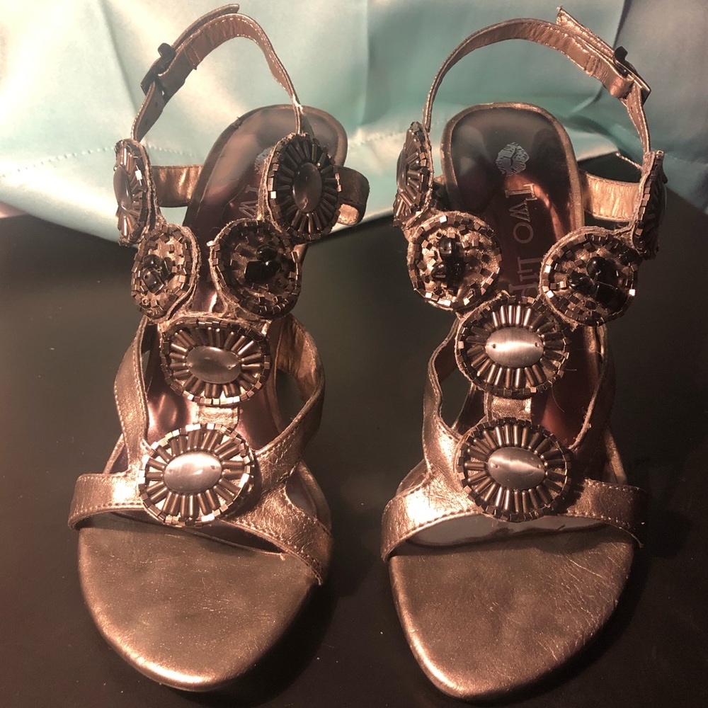 Dark Gray Ornate Two-Lips Sandal Stilettos